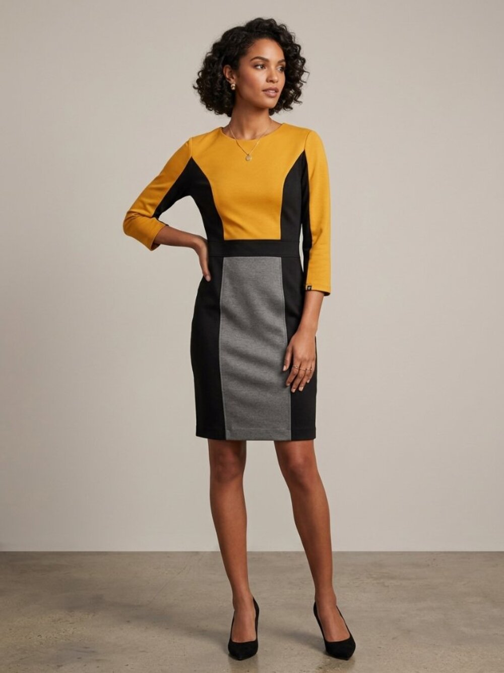 London Style Mustard, Black & Gray Colorblock Sheath Dress Size 10